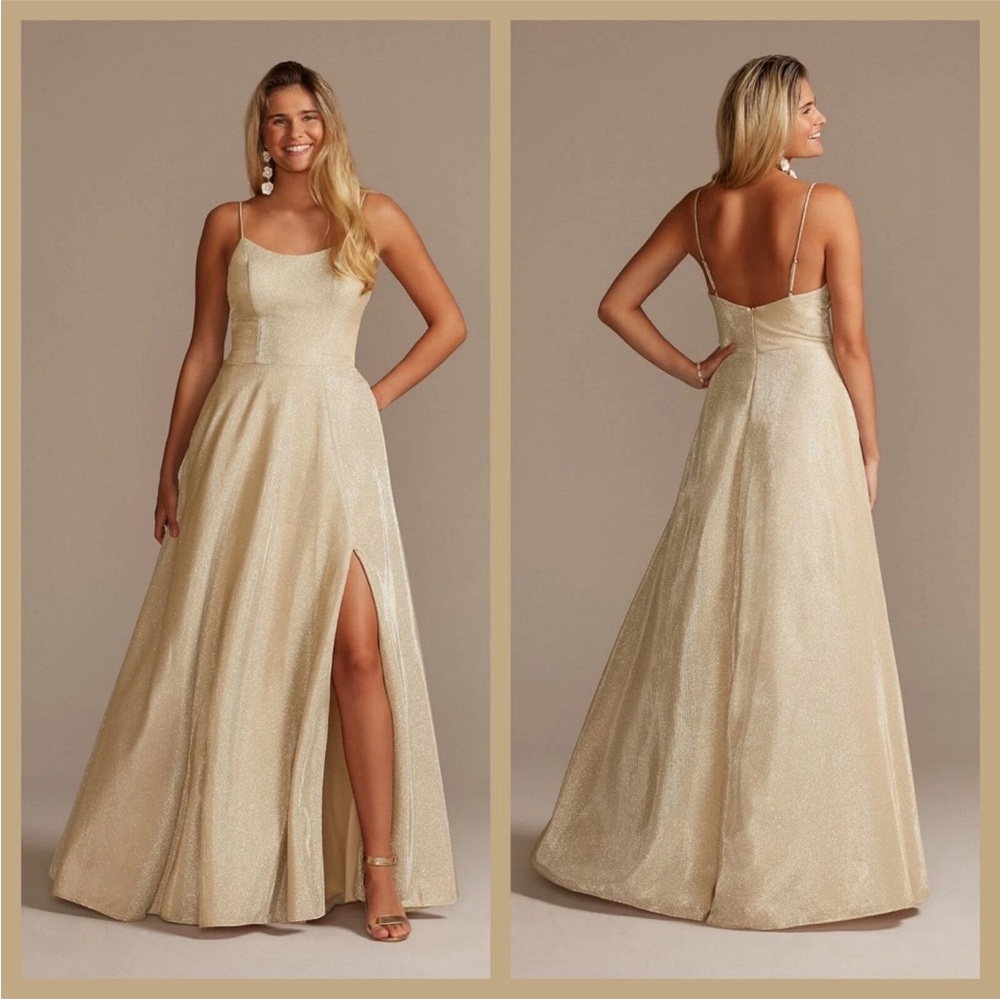 Jules & Cleo Gold Spaghetti Strap Glitter Shine Prom A-line Ball Gown with Slit